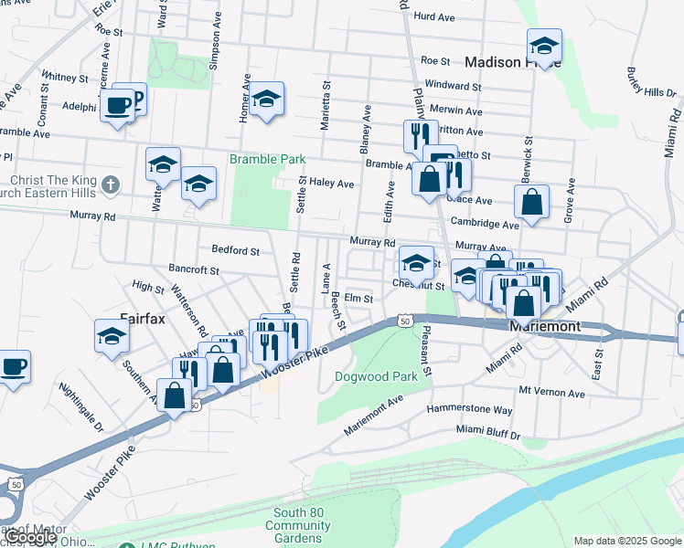 map of restaurants, bars, coffee shops, grocery stores, and more near 3902 Beech Street in Cincinnati