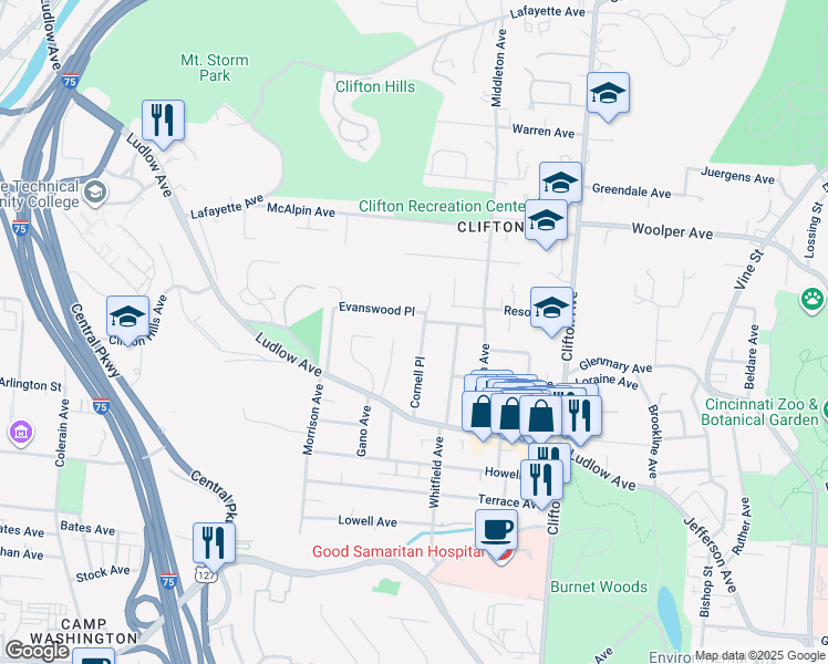 map of restaurants, bars, coffee shops, grocery stores, and more near 3471 Cornell Place in Cincinnati