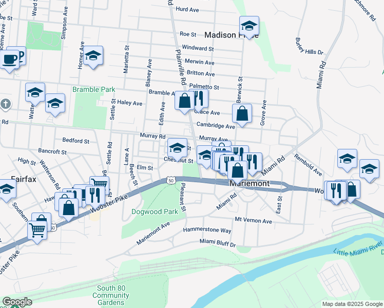 map of restaurants, bars, coffee shops, grocery stores, and more near 3915 Plainville Road in Cincinnati