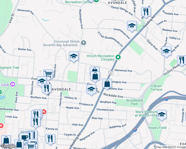 map of restaurants, bars, coffee shops, grocery stores, and more near 3565 Bogart Avenue in Cincinnati