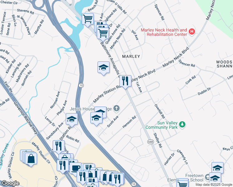 map of restaurants, bars, coffee shops, grocery stores, and more near 11 Saint Agnes Road in Glen Burnie
