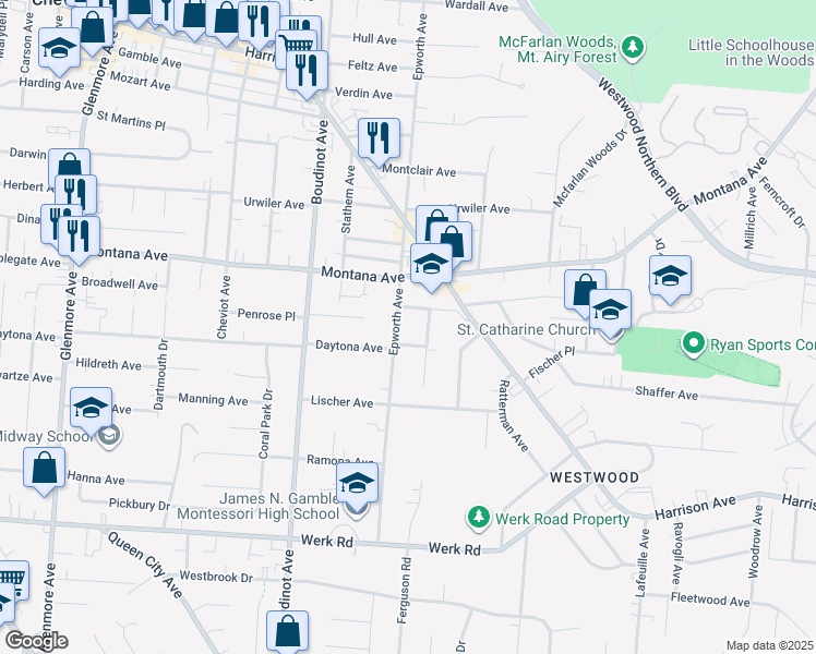 map of restaurants, bars, coffee shops, grocery stores, and more near 3314 Epworth Avenue in Cincinnati