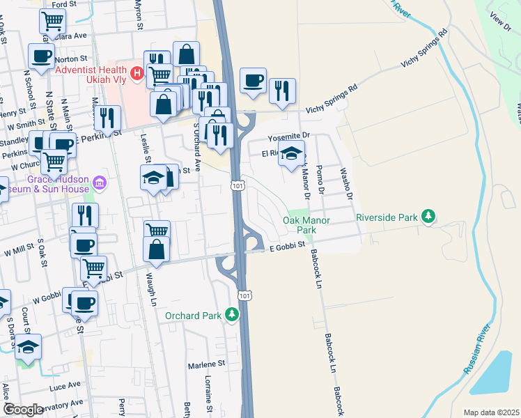 map of restaurants, bars, coffee shops, grocery stores, and more near 76 Club House Drive in Ukiah
