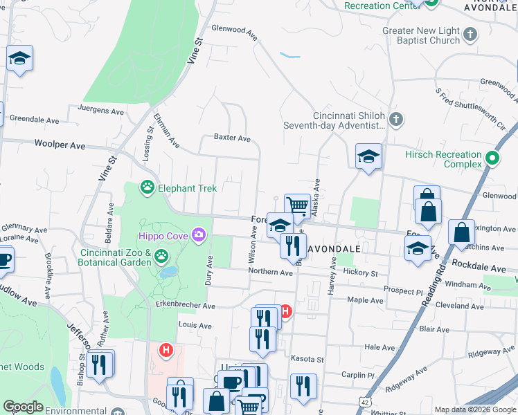 map of restaurants, bars, coffee shops, grocery stores, and more near 3544 Wilson Avenue in Cincinnati
