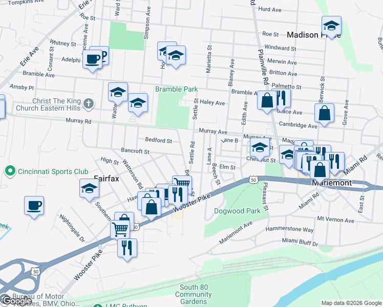 map of restaurants, bars, coffee shops, grocery stores, and more near 3847 Homewood Road in Cincinnati