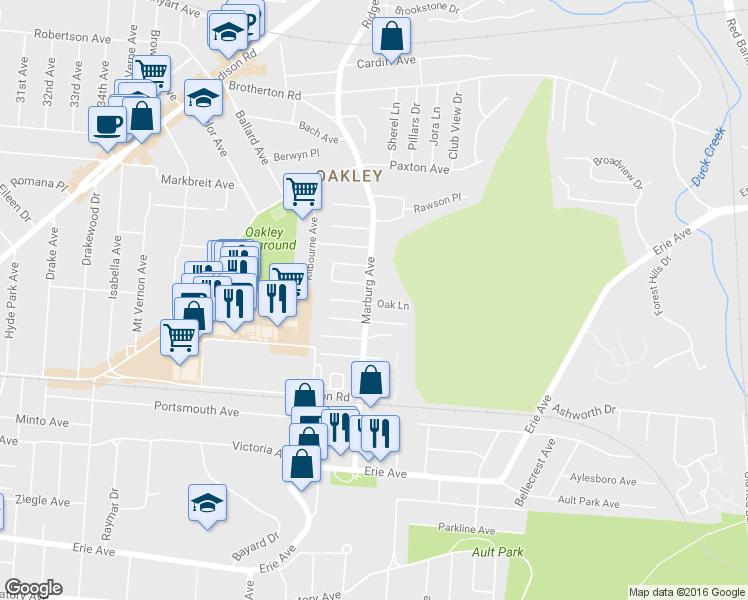 map of restaurants, bars, coffee shops, grocery stores, and more near 3832 Marburg Avenue in Cincinnati