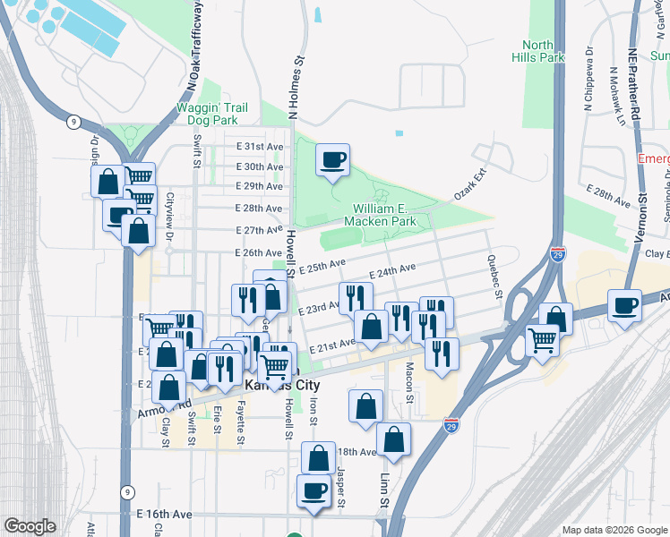 map of restaurants, bars, coffee shops, grocery stores, and more near 843 East 25th Avenue in North Kansas City