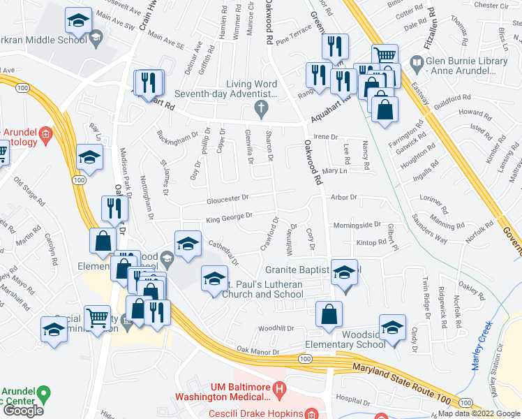 map of restaurants, bars, coffee shops, grocery stores, and more near 310 King George Drive in Glen Burnie