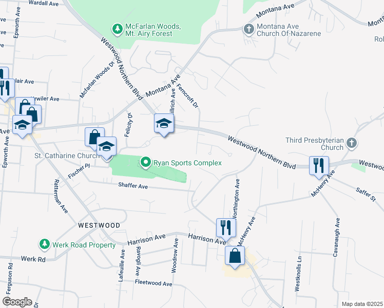 map of restaurants, bars, coffee shops, grocery stores, and more near 3235 Ferncroft Drive in Cincinnati