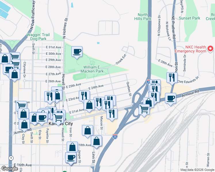 map of restaurants, bars, coffee shops, grocery stores, and more near 1229 East 24th Avenue in North Kansas City
