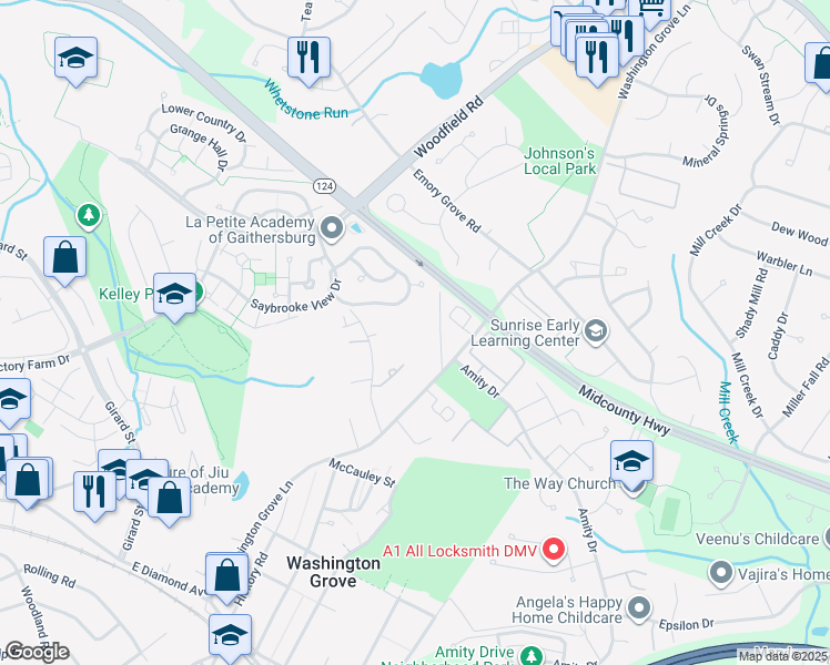 map of restaurants, bars, coffee shops, grocery stores, and more near 17701 Larchmont Terrace in Gaithersburg