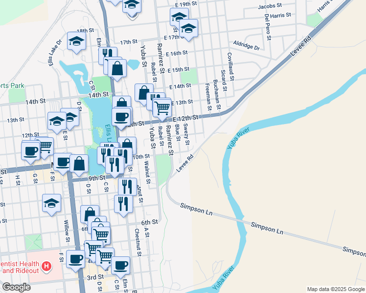 map of restaurants, bars, coffee shops, grocery stores, and more near 125 East 10th Street in Marysville