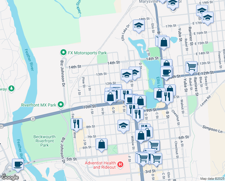map of restaurants, bars, coffee shops, grocery stores, and more near 629 11th Street in Marysville