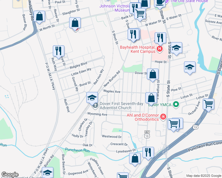 map of restaurants, bars, coffee shops, grocery stores, and more near 70 Sherwood Court in Dover