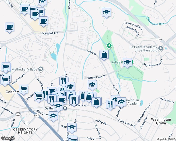 map of restaurants, bars, coffee shops, grocery stores, and more near 452 Girard Street in Gaithersburg
