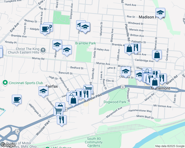 map of restaurants, bars, coffee shops, grocery stores, and more near 3847 Homewood Road in Cincinnati
