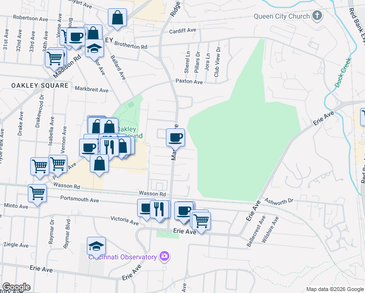 map of restaurants, bars, coffee shops, grocery stores, and more near 3832 Marburg Avenue in Cincinnati
