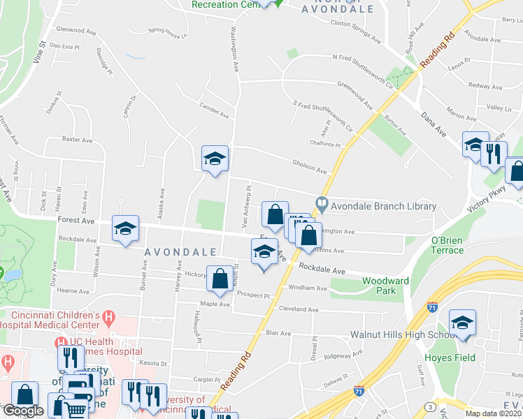 map of restaurants, bars, coffee shops, grocery stores, and more near 3564 Van Antwerp Place in Cincinnati