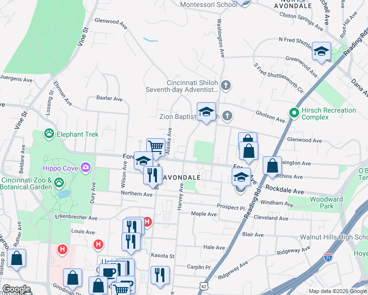 map of restaurants, bars, coffee shops, grocery stores, and more near 3549 Harvey Avenue in Cincinnati