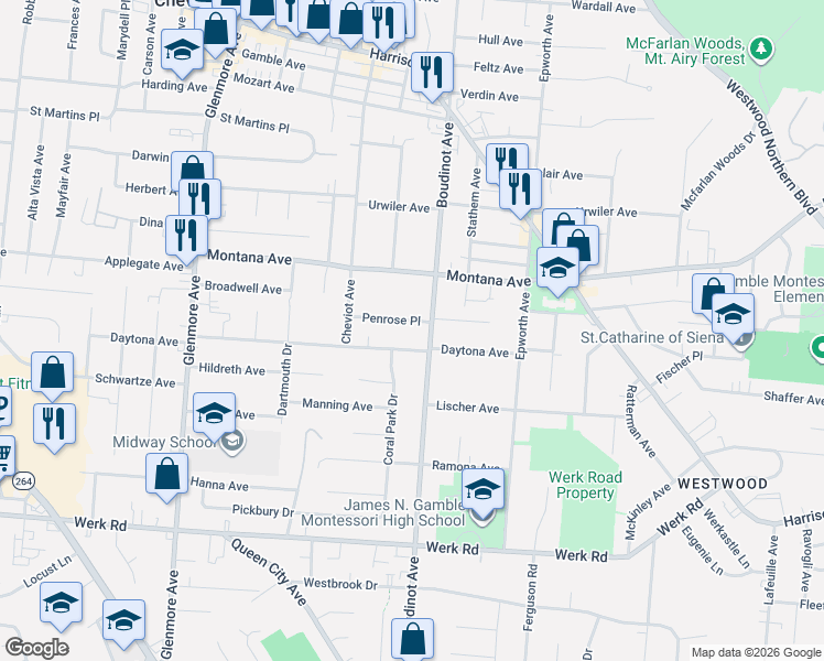 map of restaurants, bars, coffee shops, grocery stores, and more near 3133 Penrose Place in Cincinnati