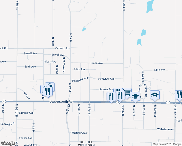 map of restaurants, bars, coffee shops, grocery stores, and more near 3311 North 57 Street in Kansas City