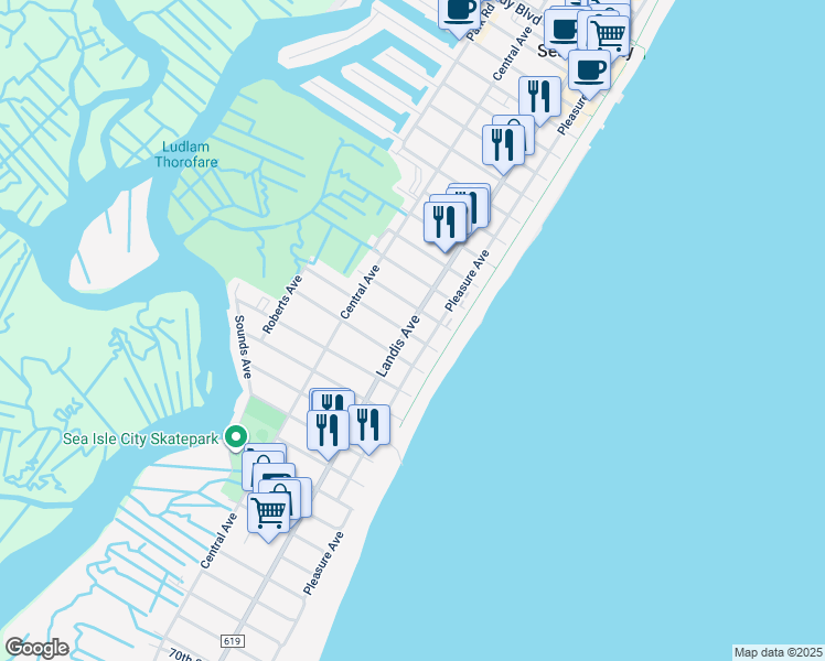 map of restaurants, bars, coffee shops, grocery stores, and more near 33 54th Street in Sea Isle City