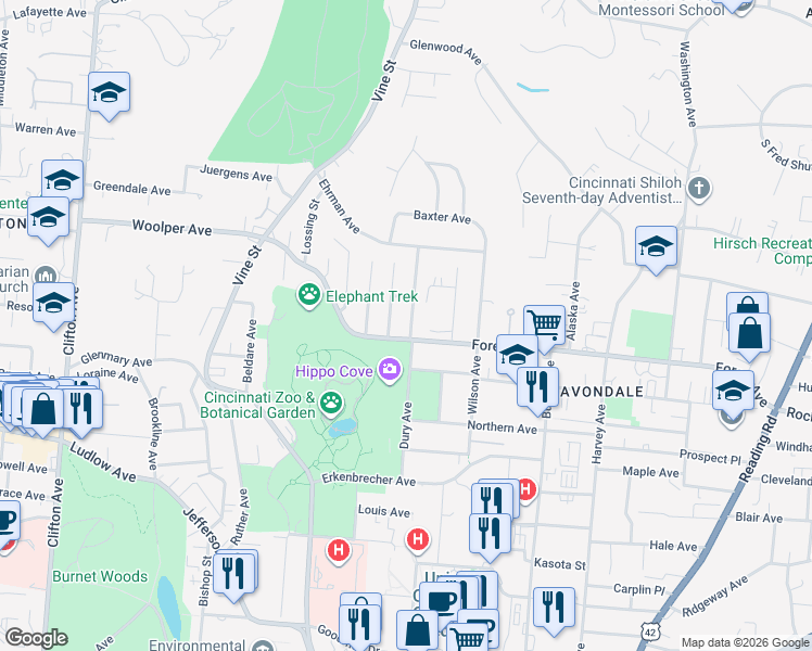 map of restaurants, bars, coffee shops, grocery stores, and more near 3541 Haven Street in Cincinnati
