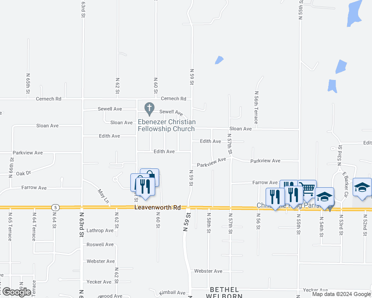 map of restaurants, bars, coffee shops, grocery stores, and more near 5908 Edith Avenue in Kansas City