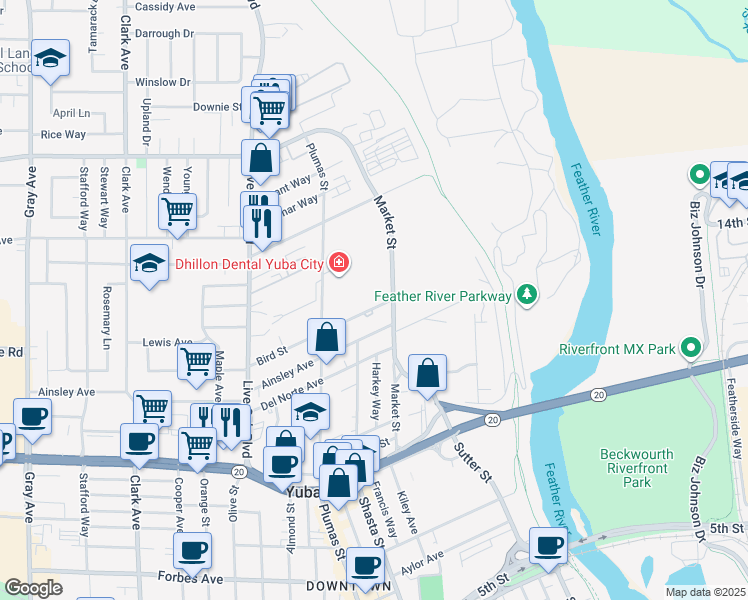 map of restaurants, bars, coffee shops, grocery stores, and more near 329 Bird Street in Yuba City