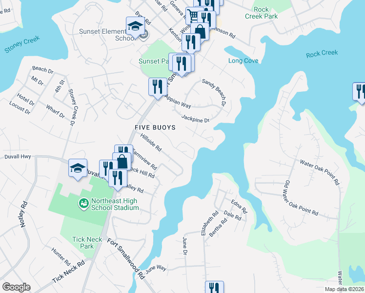 map of restaurants, bars, coffee shops, grocery stores, and more near 8631 Fort Smallwood Road in Pasadena