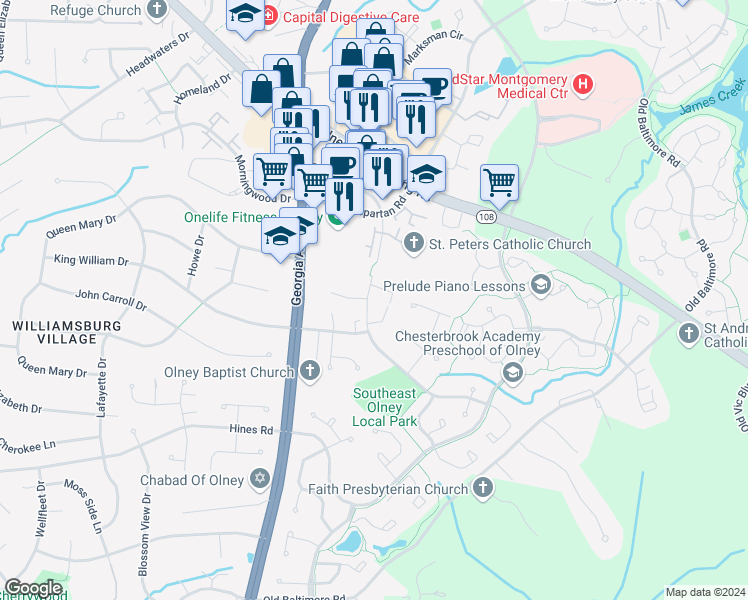 map of restaurants, bars, coffee shops, grocery stores, and more near 17727 Buehler Road in Olney