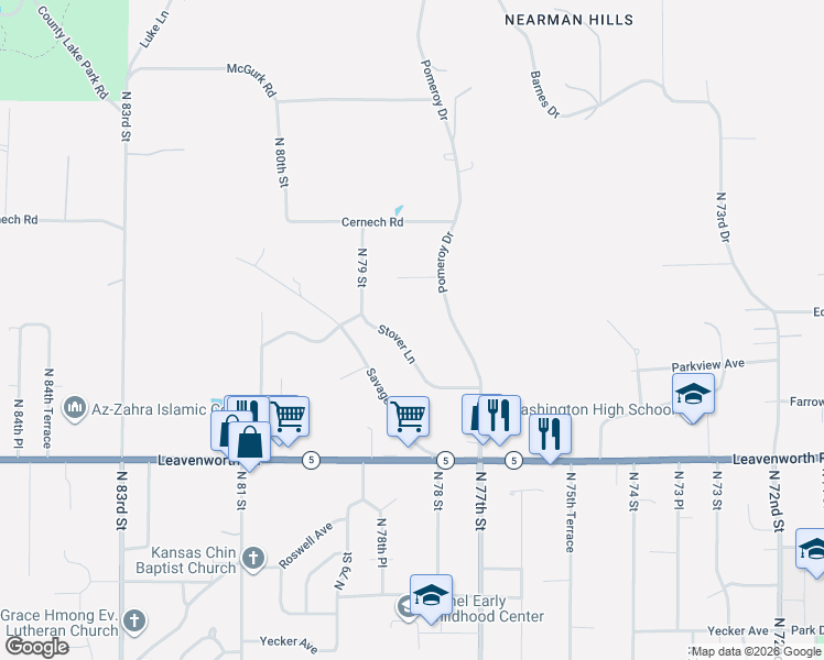 map of restaurants, bars, coffee shops, grocery stores, and more near 7840 Stover Lane in Kansas City