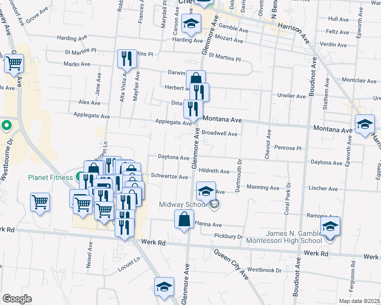 map of restaurants, bars, coffee shops, grocery stores, and more near 3309 Glenmore Avenue in Cincinnati