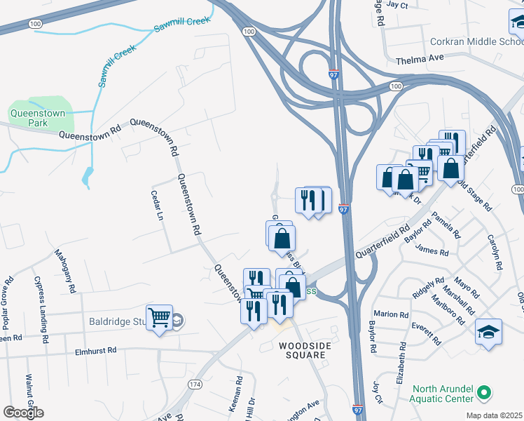 map of restaurants, bars, coffee shops, grocery stores, and more near 418 George Clauss Boulevard in Severn