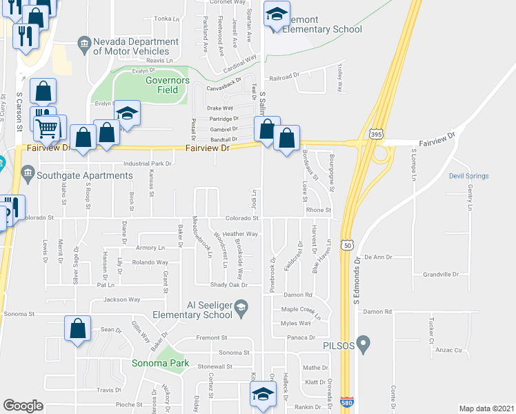 map of restaurants, bars, coffee shops, grocery stores, and more near 2155 Jodi Lane in Carson City