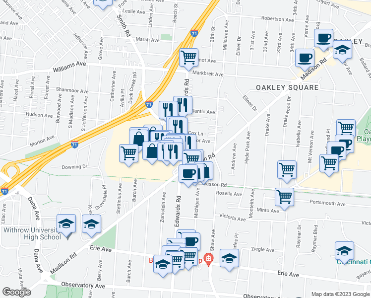 map of restaurants, bars, coffee shops, grocery stores, and more near 3752 Edwards Road in Cincinnati