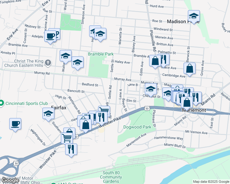 map of restaurants, bars, coffee shops, grocery stores, and more near 3847 Homewood Road in Cincinnati