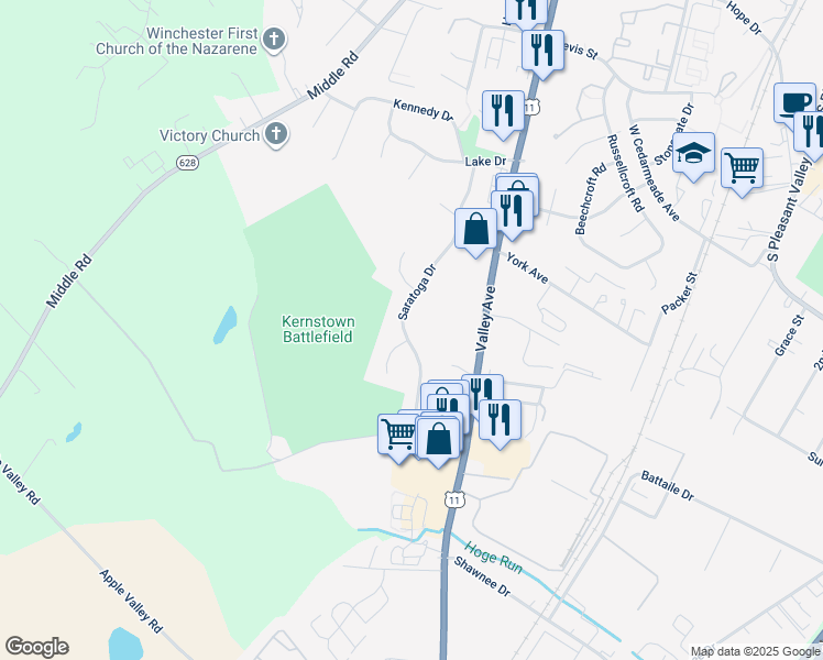 map of restaurants, bars, coffee shops, grocery stores, and more near 2918 Saratoga Drive in Winchester
