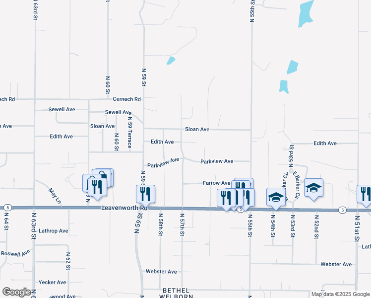 map of restaurants, bars, coffee shops, grocery stores, and more near 3311 North 57 Street in Kansas City