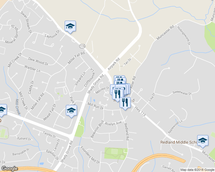map of restaurants, bars, coffee shops, grocery stores, and more near 17742 Millcrest Dr in Rockville
