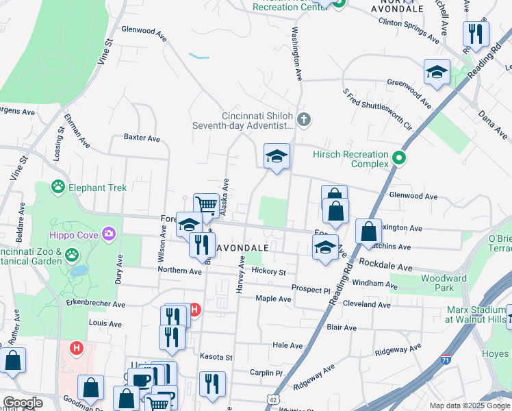 map of restaurants, bars, coffee shops, grocery stores, and more near 3554 Harvey Avenue in Cincinnati