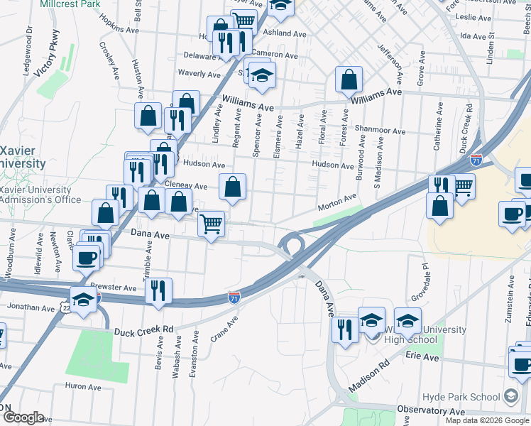 map of restaurants, bars, coffee shops, grocery stores, and more near 3735 Elsmere Avenue in Cincinnati