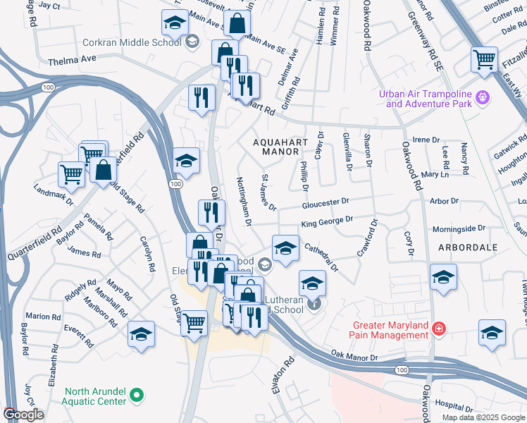 map of restaurants, bars, coffee shops, grocery stores, and more near 219 Saint James Drive in Glen Burnie