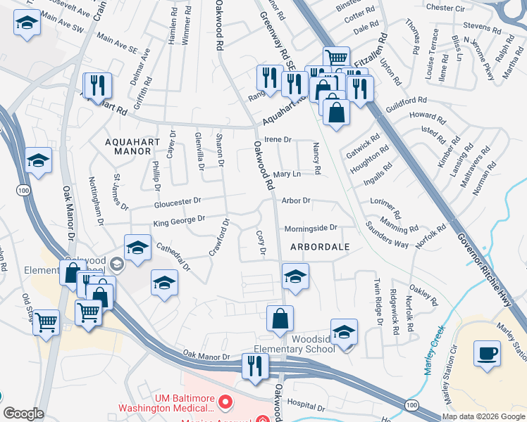 map of restaurants, bars, coffee shops, grocery stores, and more near 1201 Whitman Drive in Glen Burnie