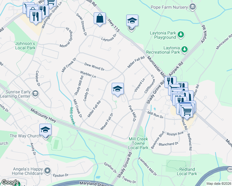 map of restaurants, bars, coffee shops, grocery stores, and more near 7508 Park Mill Court in Rockville