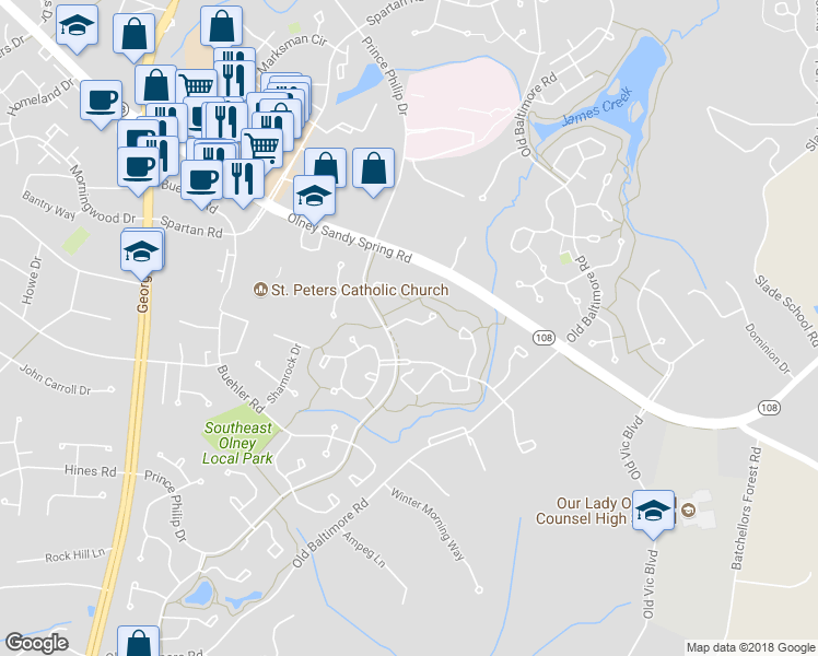 map of restaurants, bars, coffee shops, grocery stores, and more near 3240 Saint Augustine Court in Olney