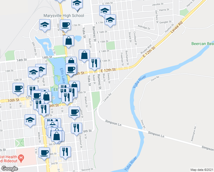 map of restaurants, bars, coffee shops, grocery stores, and more near 125 East 10th Street in Marysville