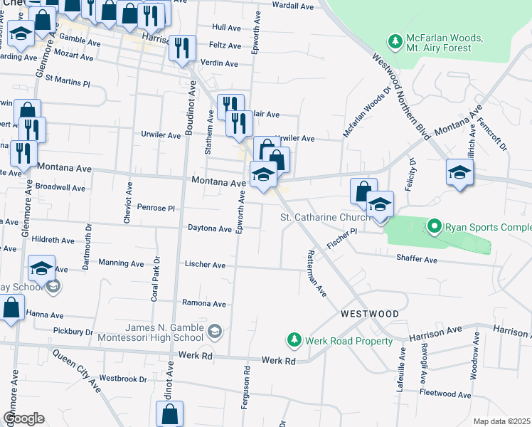 map of restaurants, bars, coffee shops, grocery stores, and more near 3316 Koenig Avenue in Cincinnati