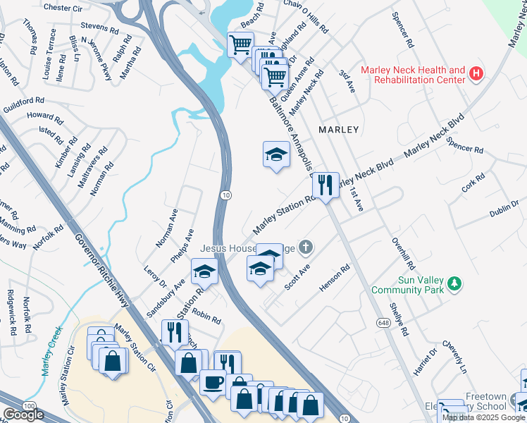 map of restaurants, bars, coffee shops, grocery stores, and more near 102 Marley Station Road in Glen Burnie