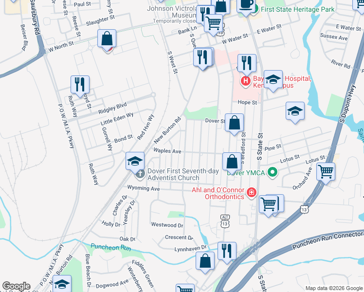 map of restaurants, bars, coffee shops, grocery stores, and more near 864 Westview Terrace in Dover